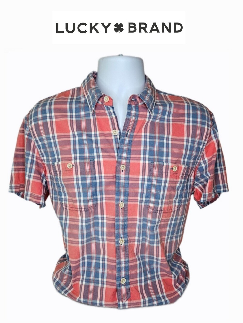 Lucky Brand Men's Short Sleeve Plaid Button Down Shirt Size L Red White Blue